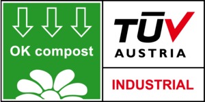 TÜV Austria OK Compost INDUSTRIAL certifikačné logo – priemyselne kompostovateľné bioplasty EN 13432